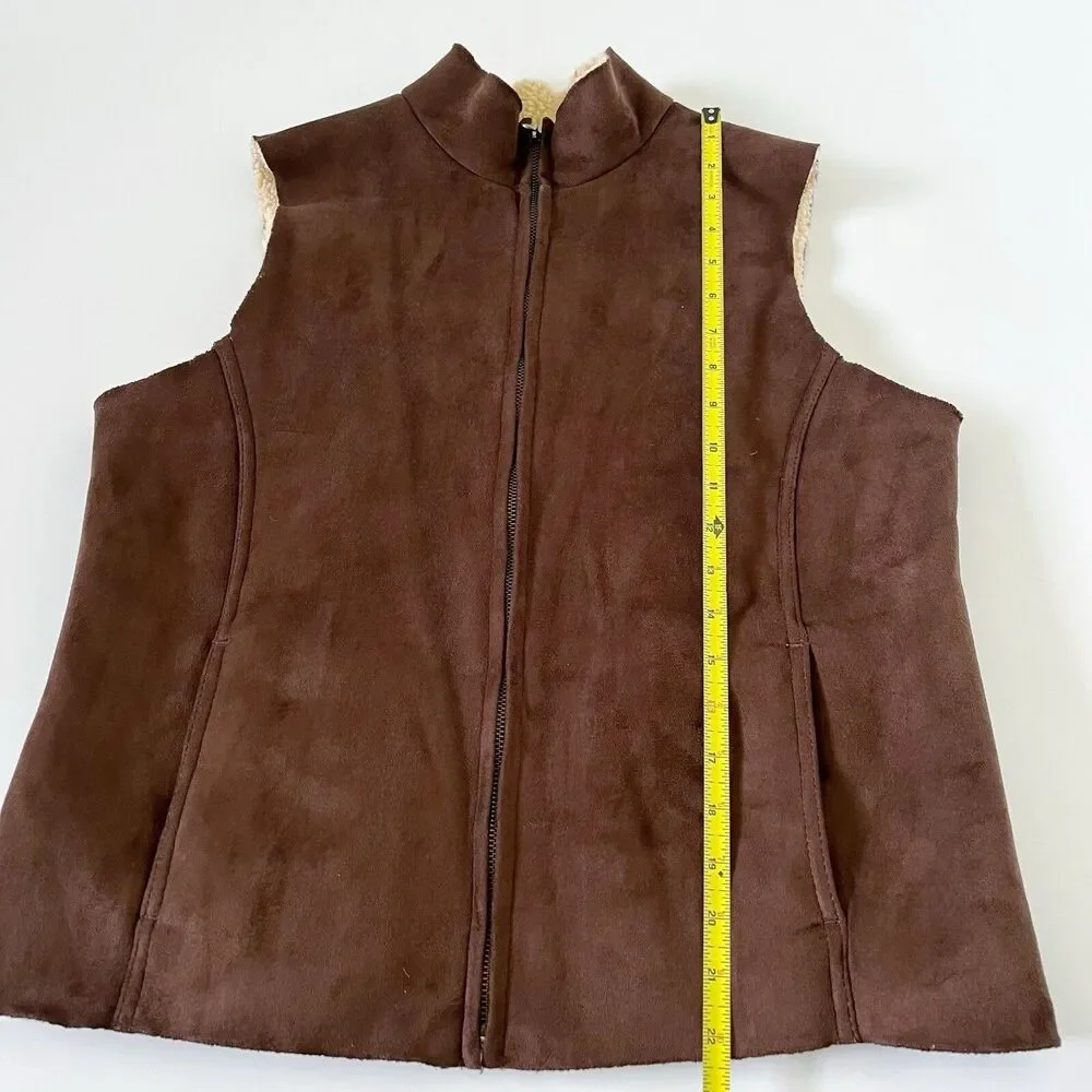 Sherpa Lined Lands End Zip Up Faux Suede Warm Vest Size M/P Medium Petite Brown